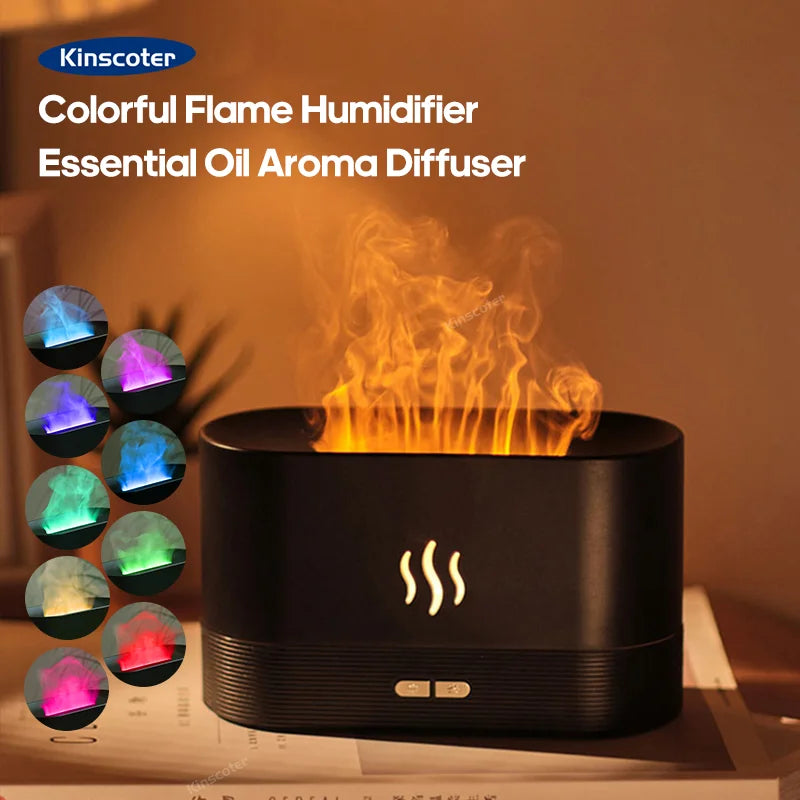 USB Desktop Flame Aroma Diffuser Humidifier 7 Colors Simulation Light Aromatherapy Air Purifier for Bedroom/Essential oil set
