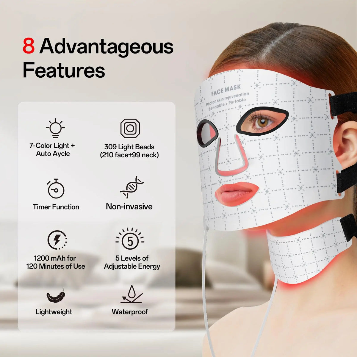 Portable 7 Colors Led Face Mask Skin Care Beauty Device Red Light Therapy Mask USB Rechargeable and Ergonomic Design for Home